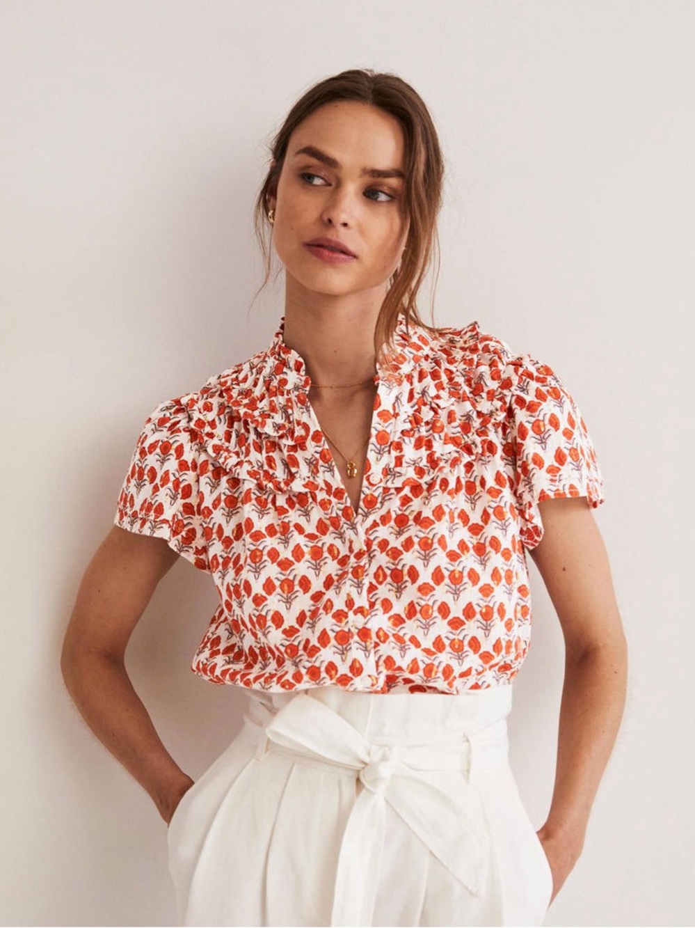 Boden White and Orange Floral Ruffle-Neck Short-Sleeve Blouse